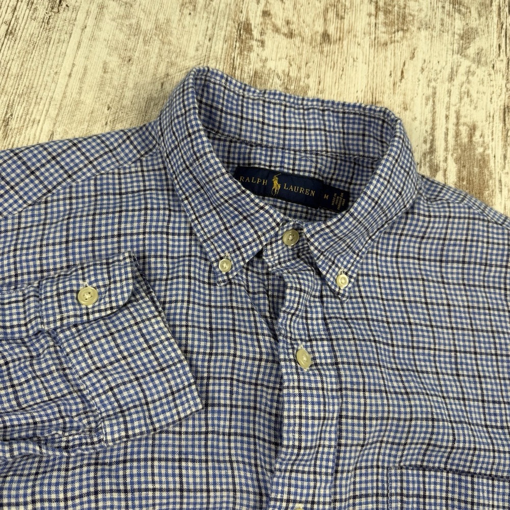 Ralph Lauren Sz M 100% Linen Gingham Check Blue/White Breathable
